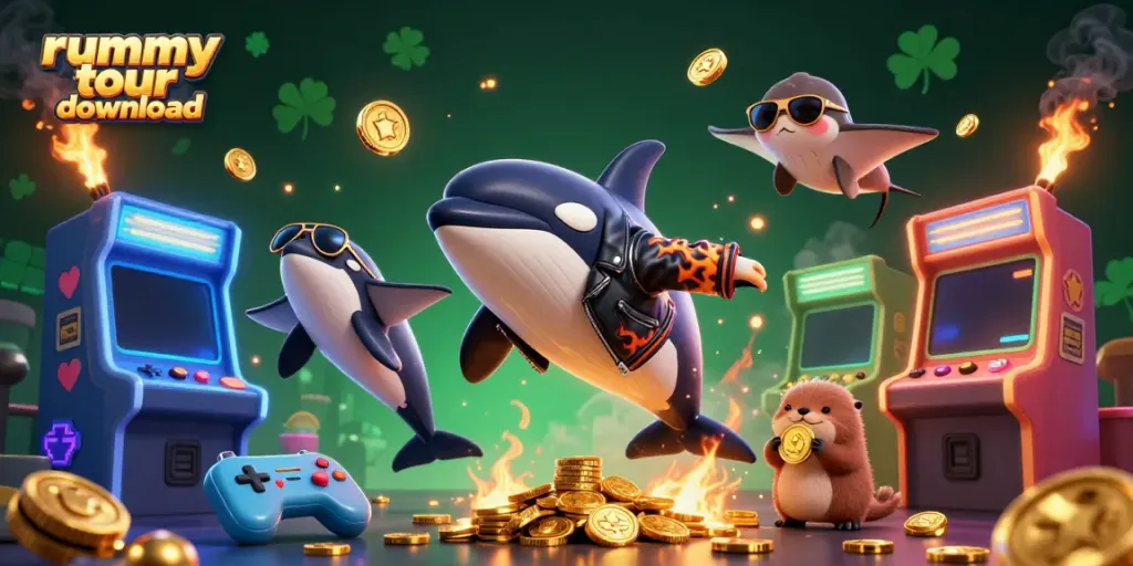 Unduh rummy tour dengan gambar ilustrasi berkualitas 3D menampilkan karakter permainan dan elemen kasino.