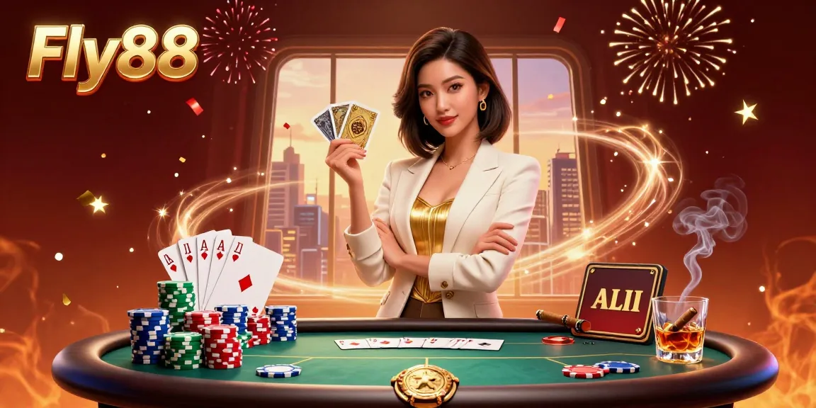 Engage in thrilling poker with Fly88's glamorous casino scene showcasing powerful gameplay.