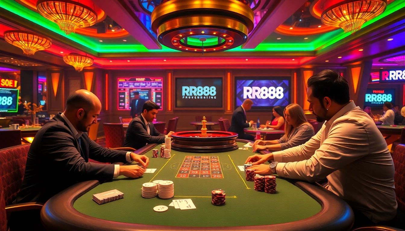 Experience high-stakes poker action at RR88 casino, with vibrant chips and roulette.
