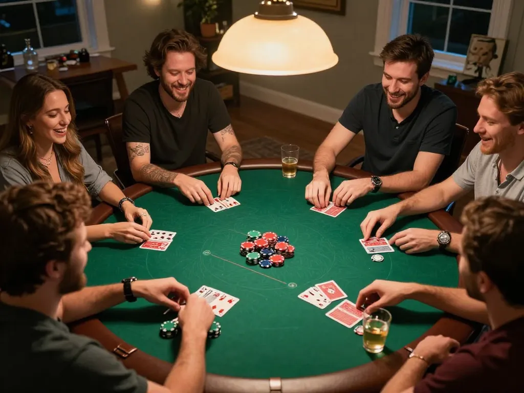 Players excitedly strategizing during a home poker night, engaging with the m107 gambling tactics.
