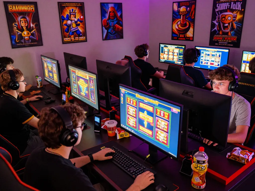 Engaged players enjoying zeus138 online slot games in a colorful gaming room.