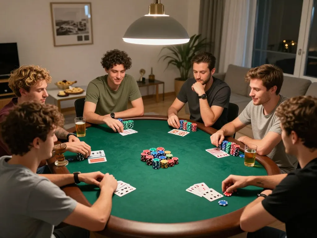 Players enjoying an engaging poker night at home, highlighting the 789club experience with chips and cards visible.