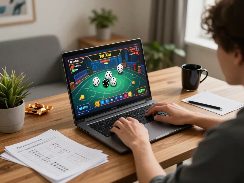 Tài xỉu online gameplay featuring a player engaged at home with a laptop, showcasing vibrant dice graphics and strategic notes.