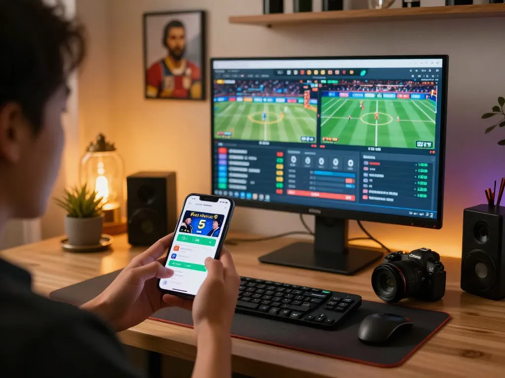 A person engaging with the Keo nha cai 5 app for live sports betting, showcasing a modern home office setup.