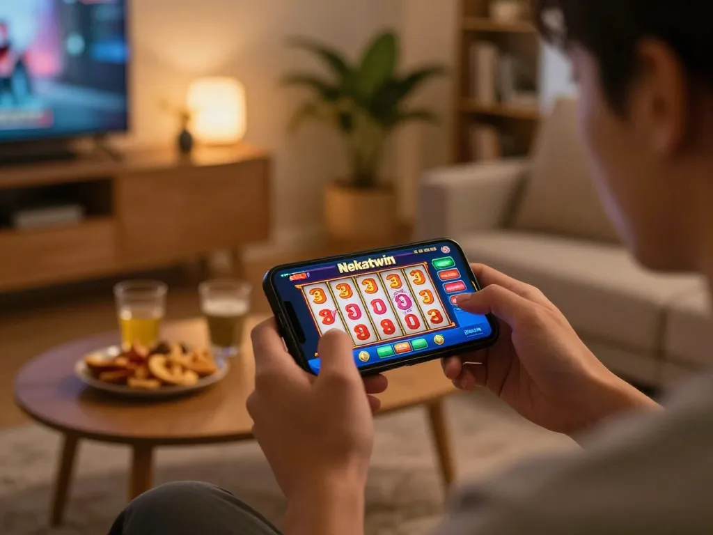 Engaging in the slot nekatwin mobile gaming experience with colorful reels on a smartphone