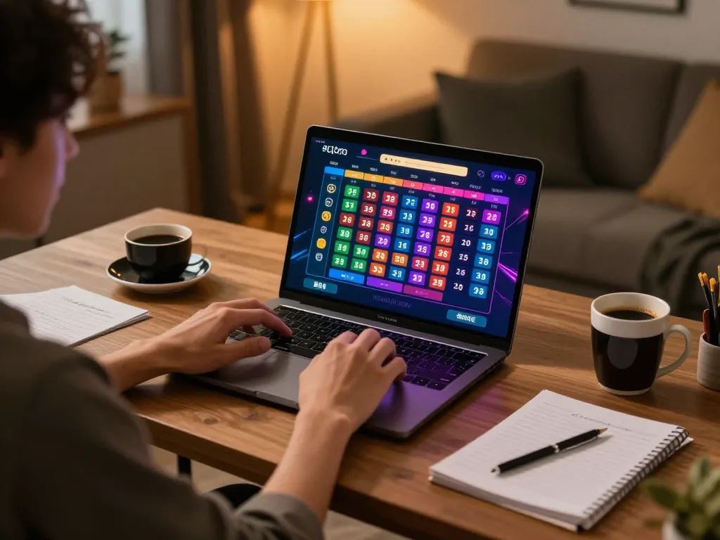 Engaging player placing bets on toto togel during online game session in cozy home