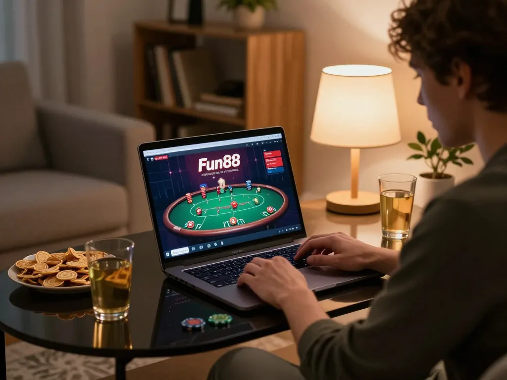 Engaged user playing online poker at Fun88 on a laptop in a cozy home environment.