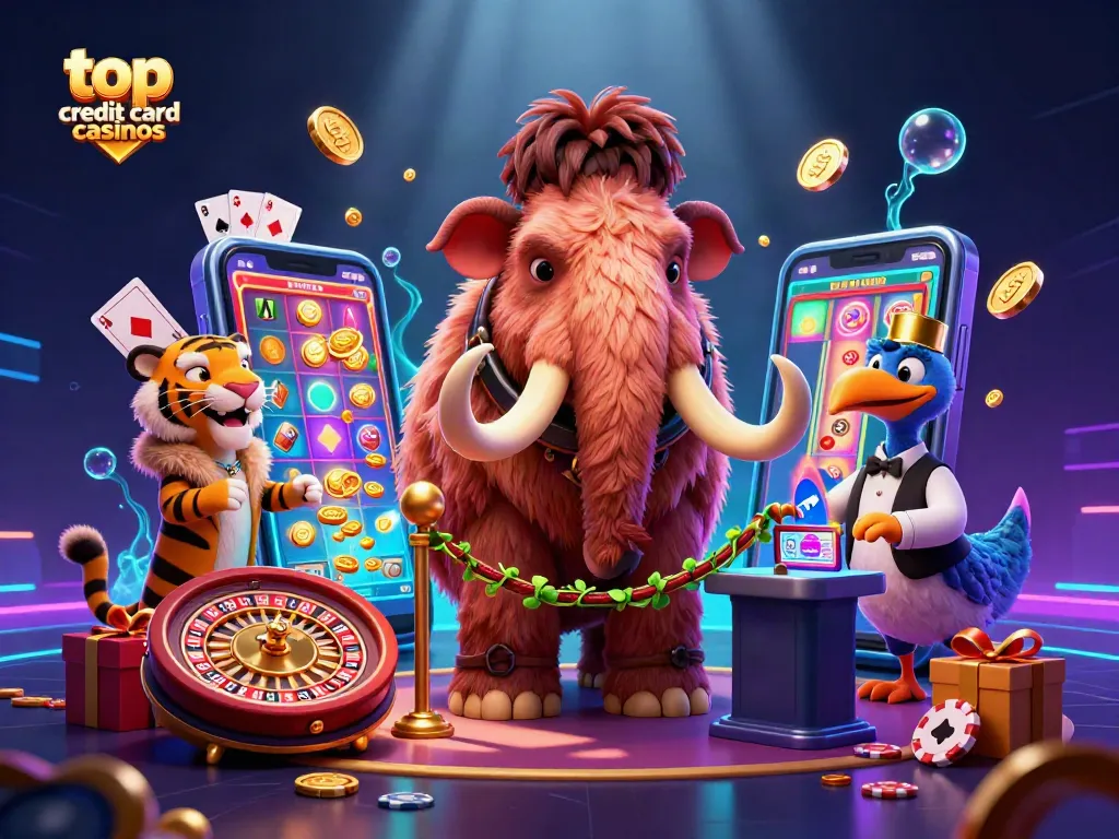 Experience top credit card casinos with vibrant games, exciting bonuses, and engaging visuals in a dynamic scene.