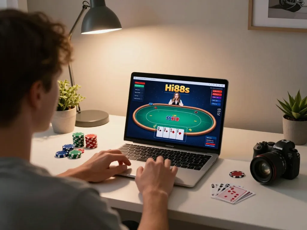 Player engaged in poker game on Hi88s platform from home with chips and laptop.