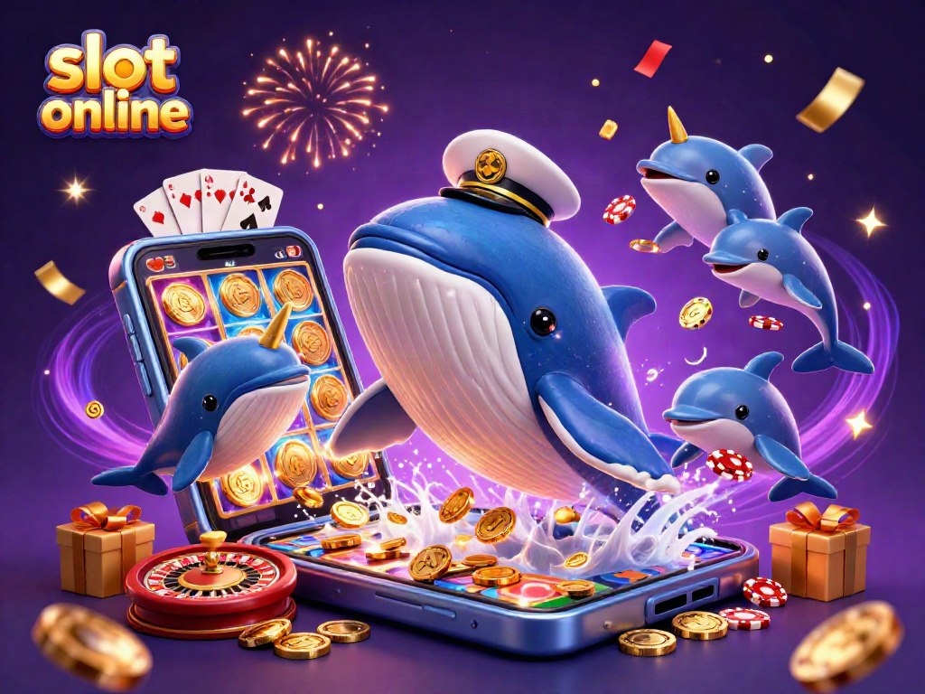 Permainan slot online dengan paus kartun dan kawan narwhal yang menari di atas tumpukan koin emas.