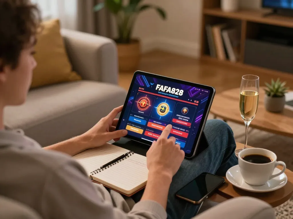 สัมผัสประสบการณ์การเล่นเกมออนไลน์กับ FAFA828 ที่แสดงการเล่นบนแท็บเล็ตในบรรยากาศบ้านที่อบอุ่น