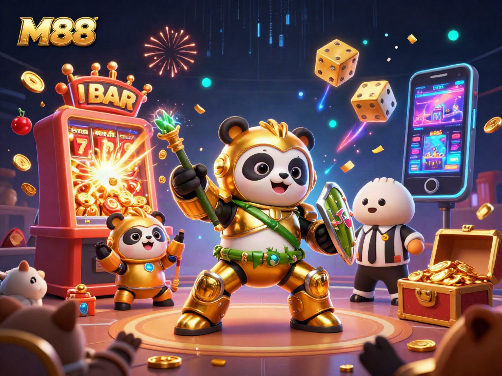 M88 showcases an energetic gambling scene with a mech-suit panda and dynamic casino elements.
