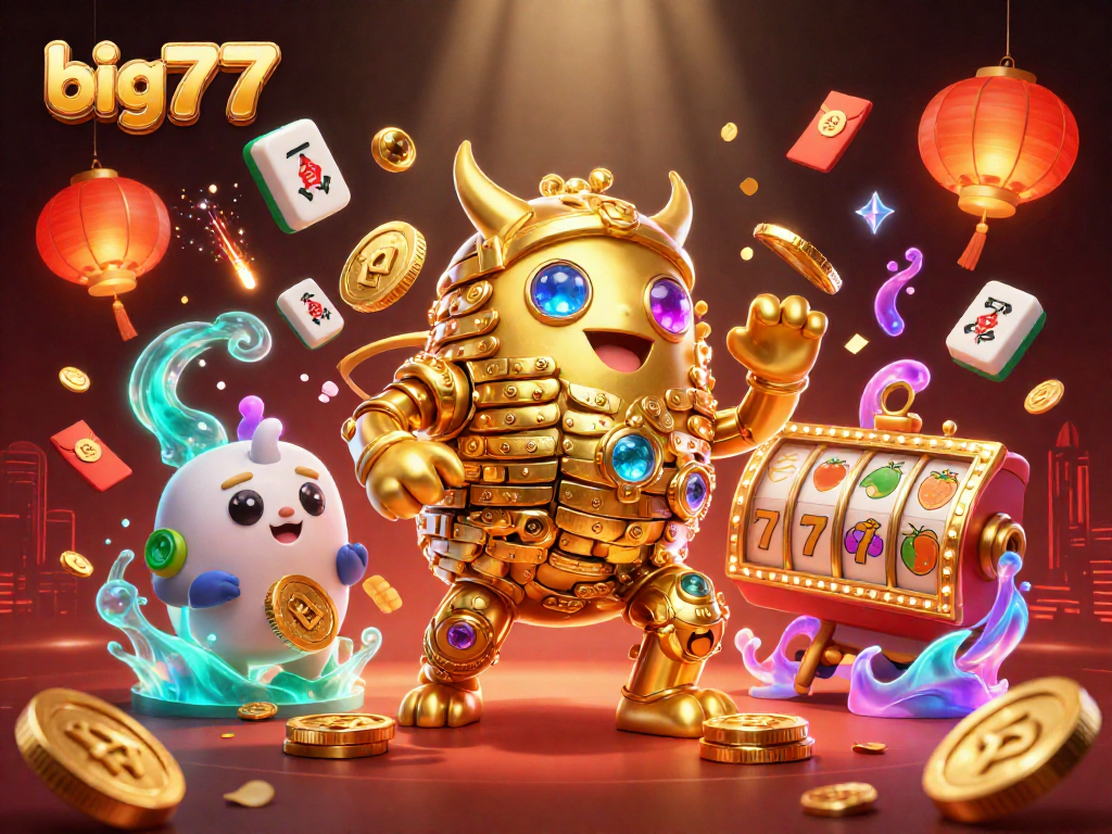 Play big777 slots with a dynamic illustration of a gold golem surrounded by vibrant casino elements.