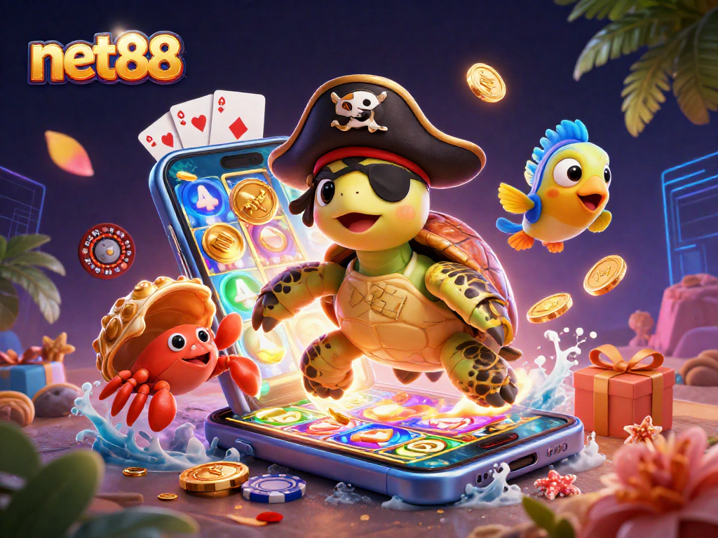 Engage with net88's vibrant slot adventure featuring a pirate turtle and treasure in 3D.