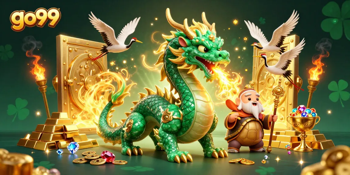 Experience thrilling gaming with go99 as a colossal jade dragon breathes fire and treasures sparkle.