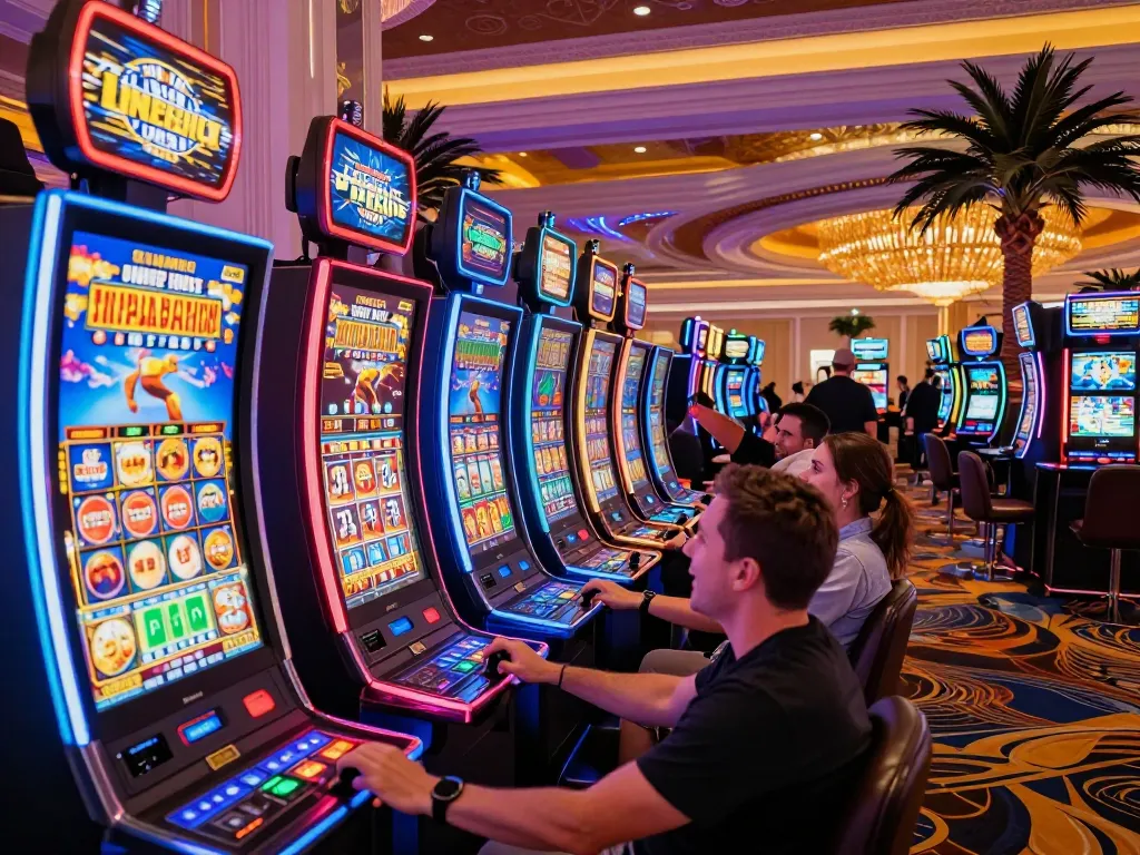 Sunwin casino players engaging with colorful slot machines for thrilling wins