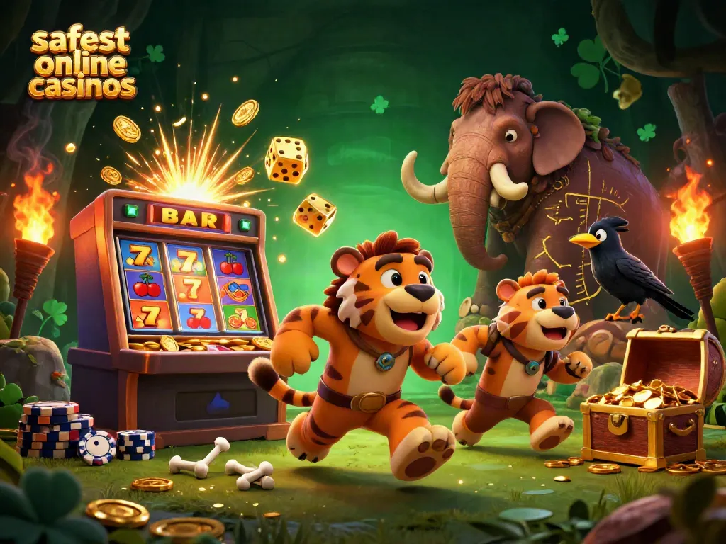 Experience the excitement at the safest online casinos with a prehistoric casino adventure featuring lively characters.