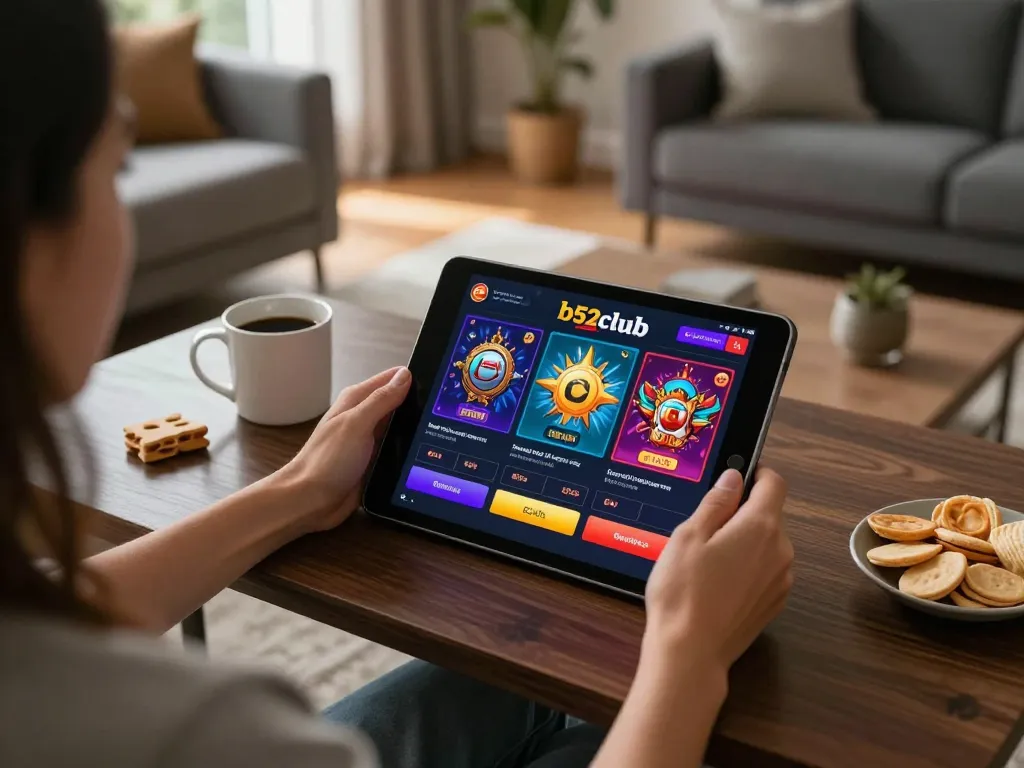 b52club app in action on a tablet, showcasing online gambling excitement in a cozy home.