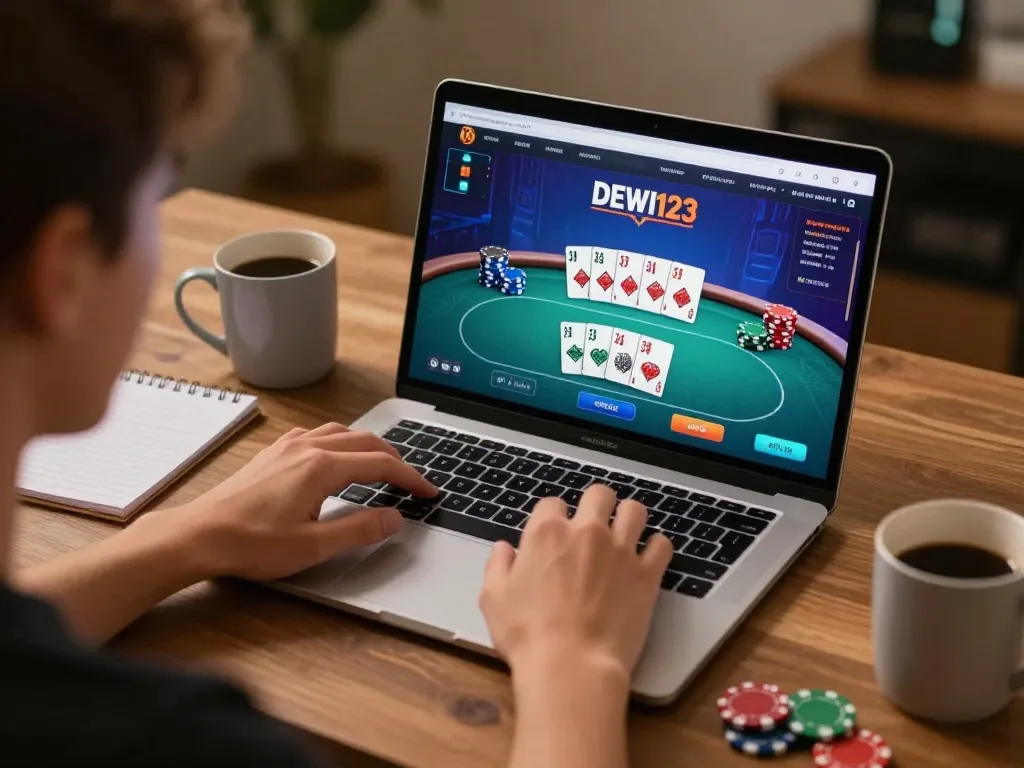Pemain menikmati poker di platform DEWI123 dalam pengaturan rumah yang nyaman
