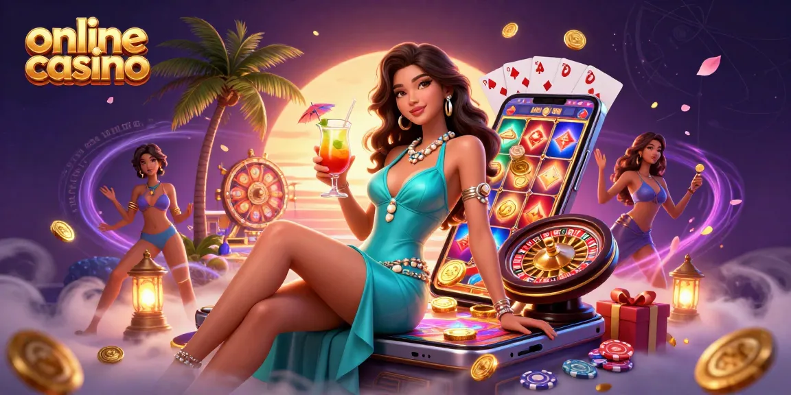 Engage with the online casino world featuring vibrant gaming elements in a tropical resort setting.