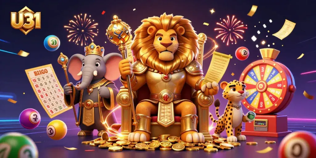 Experience the excitement of U31 casino with dynamic lottery elements and vibrant characters.