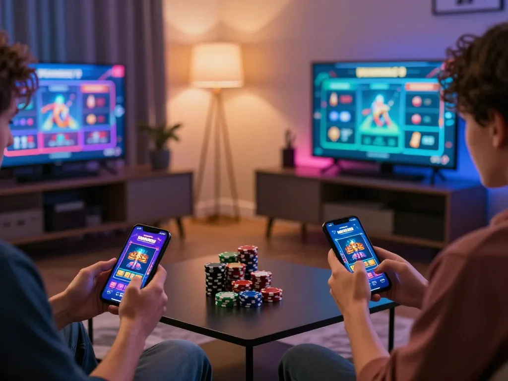 Players enjoying an engaging gaming experience on the winstrike69 app, highlighted with colorful lighting.