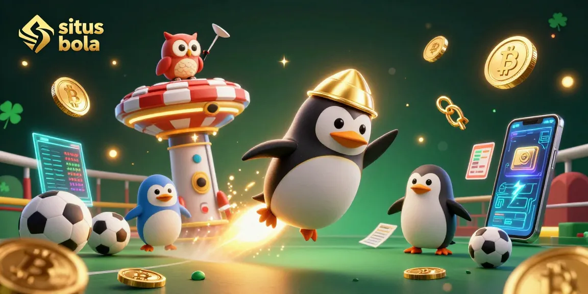Engaging sports betting scene featuring situs judi bola with a 3D golden penguin and dynamic elements.