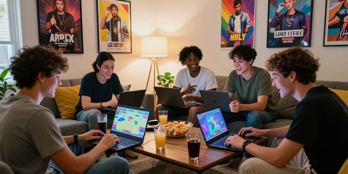 Group of friends playing a gay ecchi game in a cozy living room, showcasing laughter and camaraderie.
