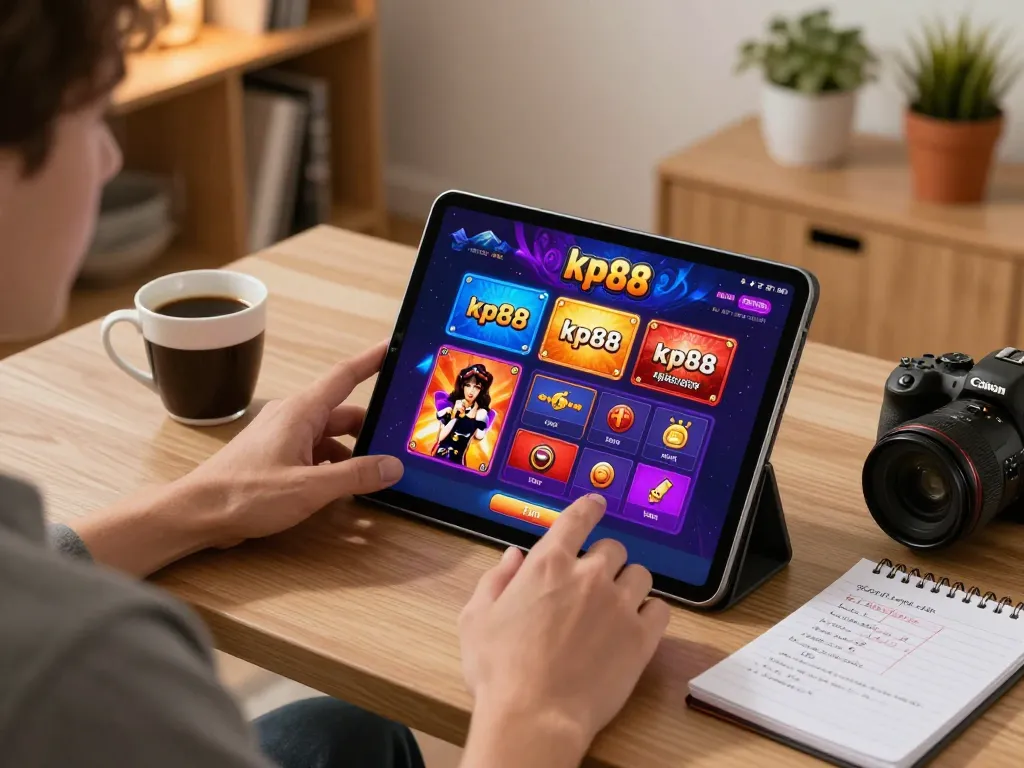 Engaging with the kp88 casino app on a tablet, showcasing a modern online gaming setup.