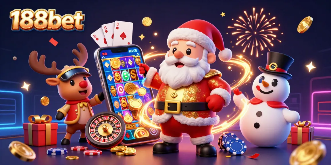 Play and win at 188bet with a fun 3D illustration featuring festive gaming characters.