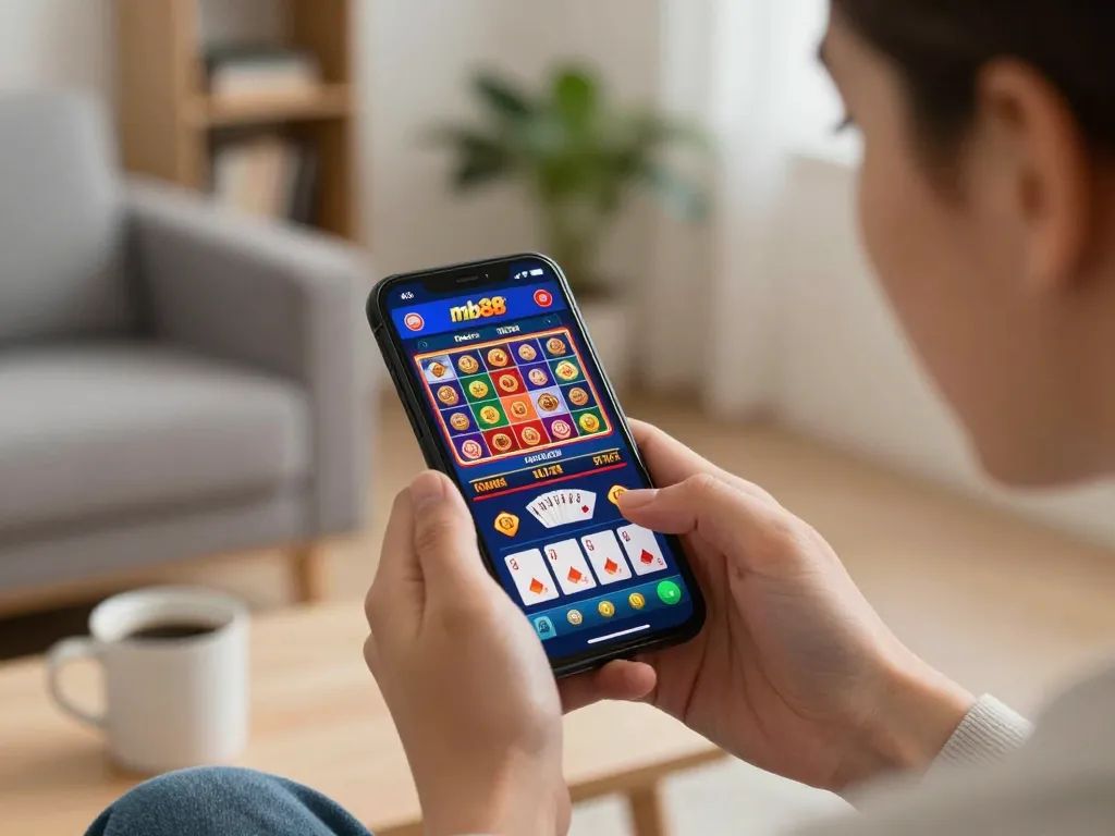 Engaging session on mb88 mobile casino app displaying vibrant game interface in a cozy setting.