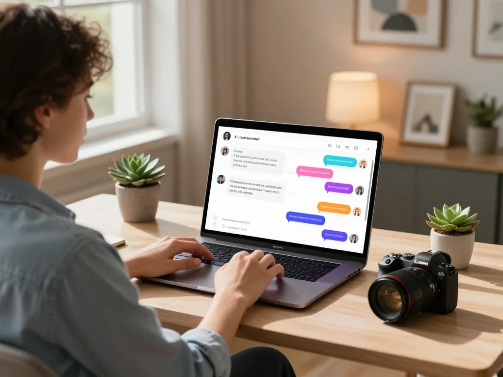 Interactive scene depicting a user engaged in AI sex chat, showcasing an advanced chatbot interface highlighting personalized conversation options in a cozy home office.