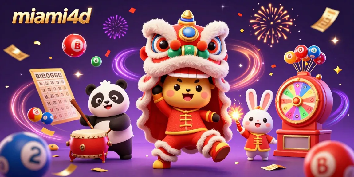 Engaging scene of miami4d featuring a lively lion dance amid bouncing lottery balls and casino elements.
