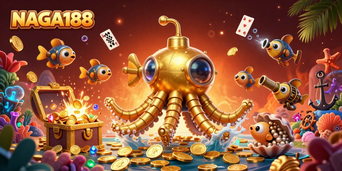 NAGA188 menyuguhkan ilustrasi kasino 3D menarik dari kraken emas di lautan koin.