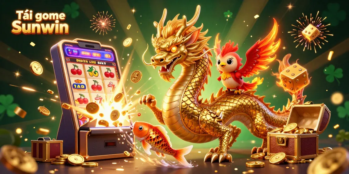 Tải game Sunwin with a heroic dragon, winning casino elements, and vibrant themed visuals in a dynamic scene.