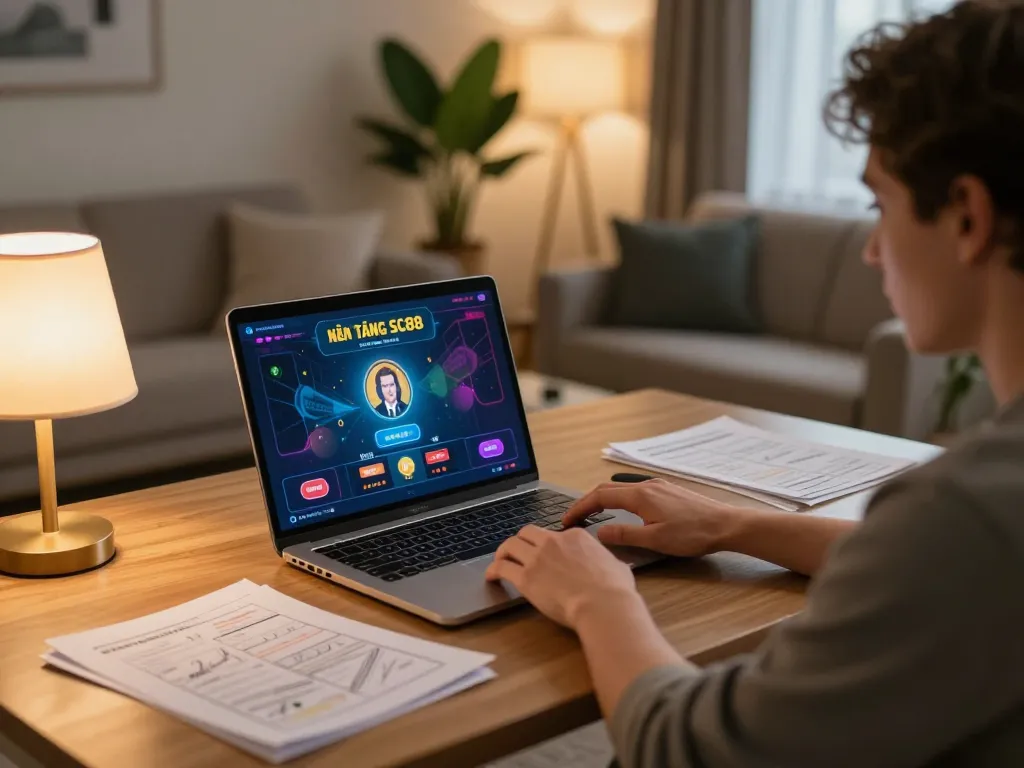 Nền Tảng SC88 displayed on laptop screen during online gaming session in cozy living room