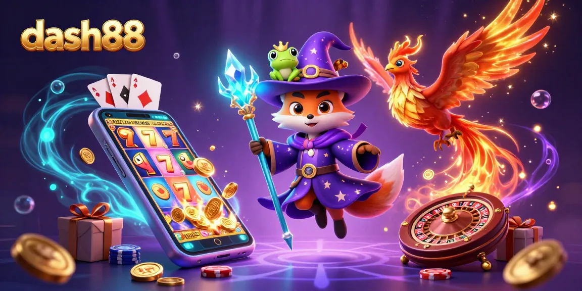 Experience excitement at dash88 with an enchanting wizard fox and phoenix in a vibrant casino scene.