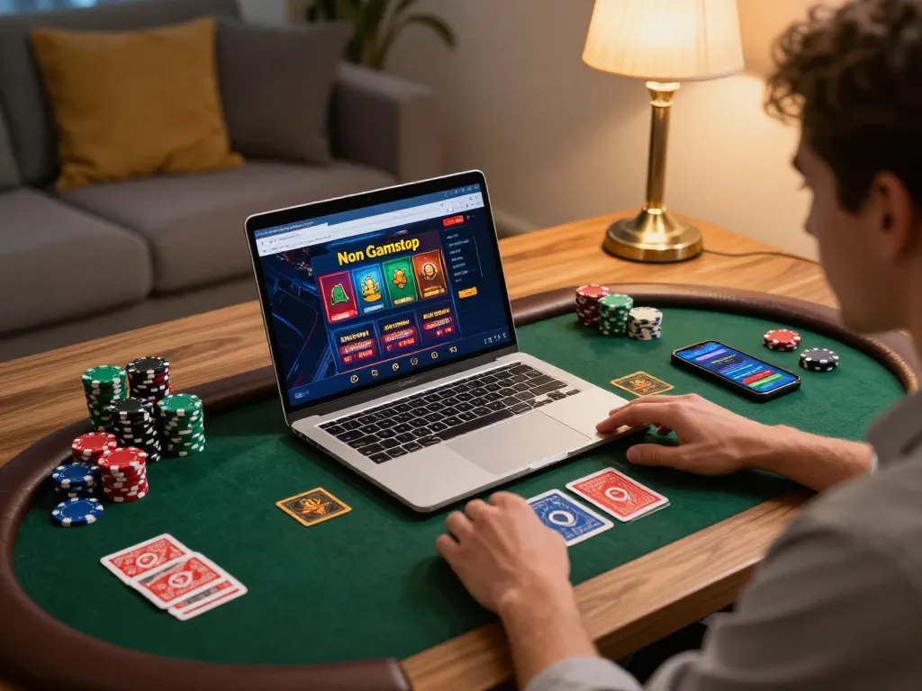 Engaging in non Gamstop casino gaming at home with laptop and betting tools visible