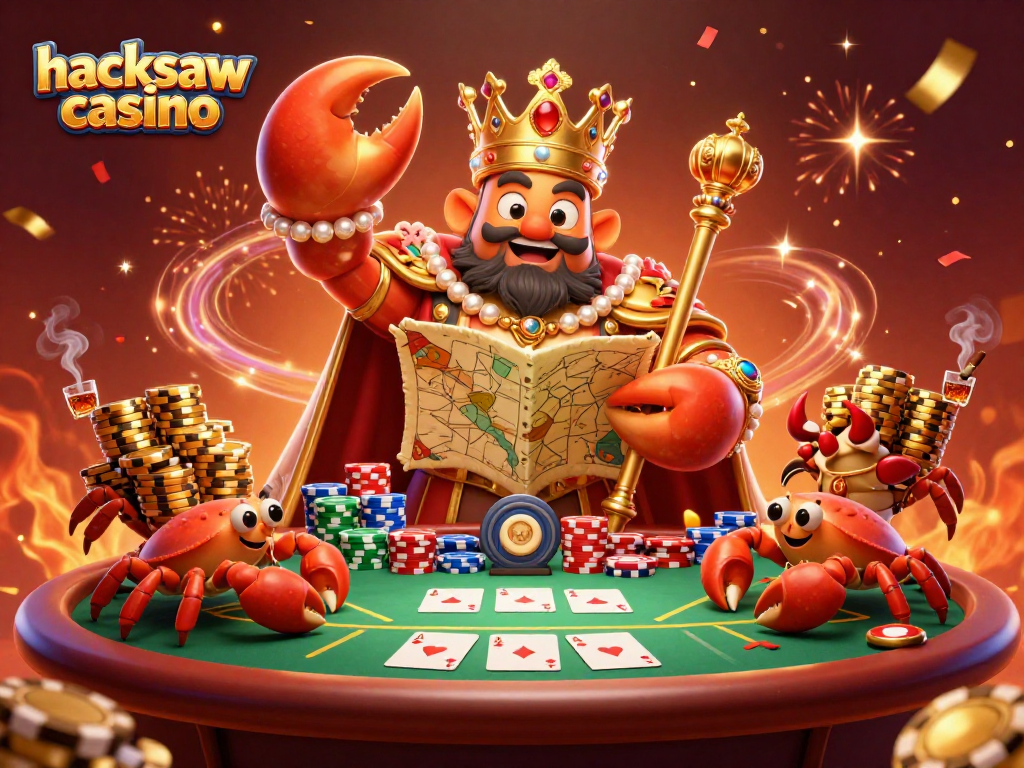 Experience hacksaw casino magic with a golden crab emperor at a vibrant poker scene.