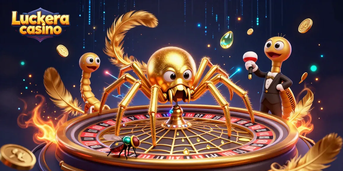 Place bets at Luckera casino with a golden spider and centipede croupier in a vibrant 3D scene.
