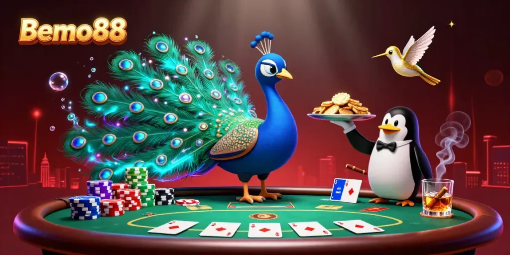 Experience thrilling poker action with Bemo88 in a vibrant 3D casino scene featuring iconic characters.