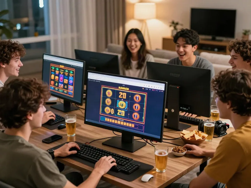 A group of friends enjoying online games at akunjp, showcasing excitement and community.