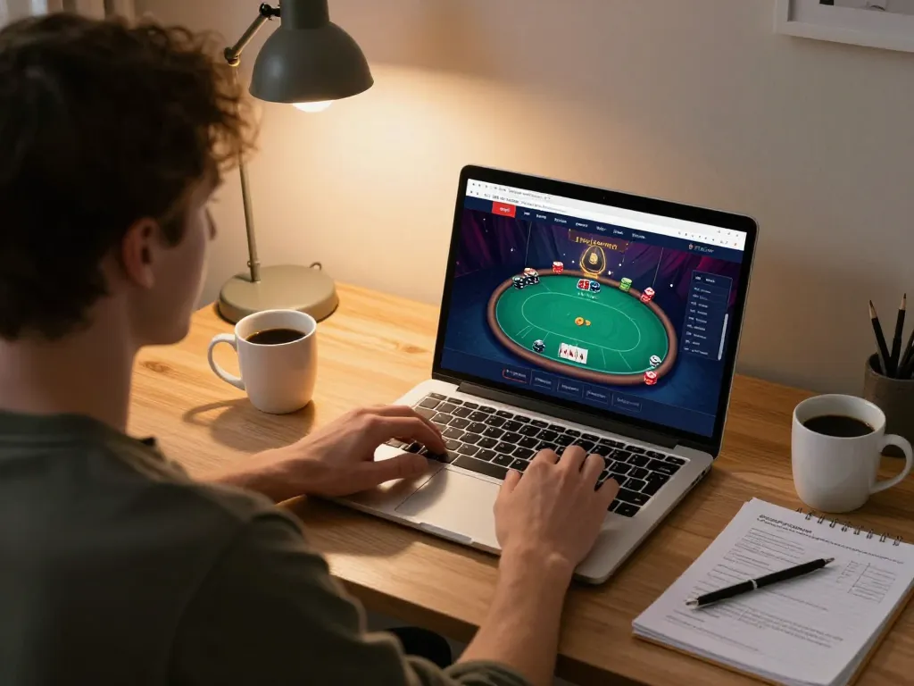 Player enjoying an online rikvip poker game at home while managing a betting strategy.