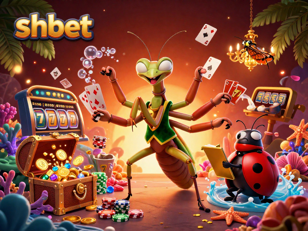 Experience shbet excitement with a vibrant 3D casino scene featuring a giant mantis dealer.