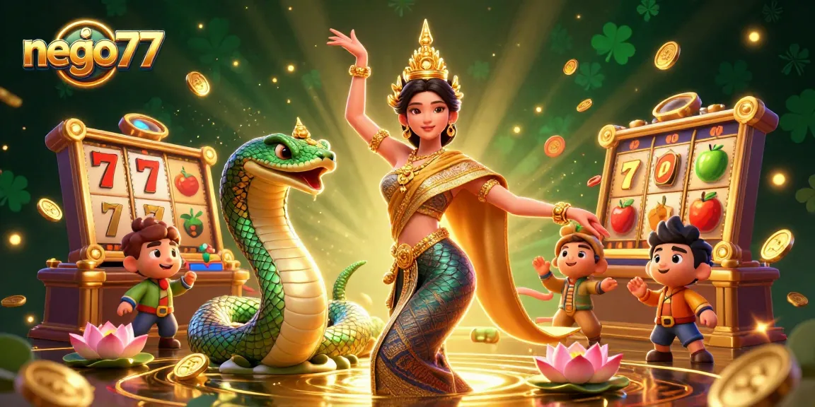Spin the reels and experience excitement at nego77, featuring a graceful dancer amid slot symbols and vibrant colors.