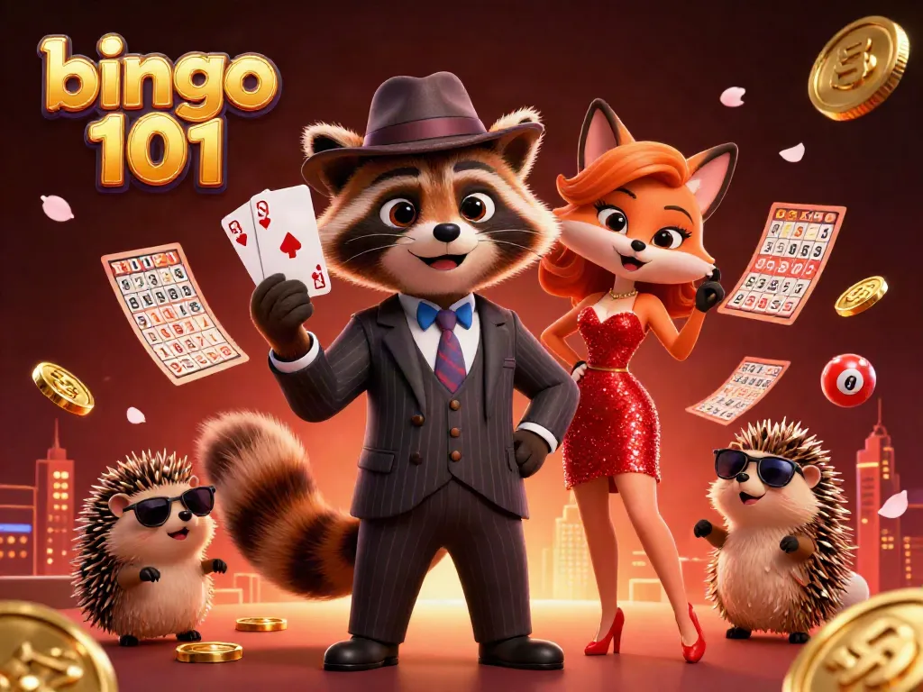 Bingo 101's vibrant scene showcases raccoon, fox, and hedgehog characters in a lively bingo setting.