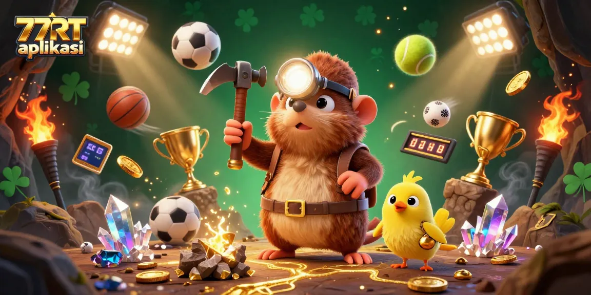 Engage in winning strategies with the vibrant 77RT aplikasi scene showcasing treasure hunting and sports betting excitement.