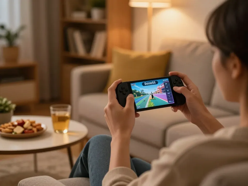 Engaging in the Done55 game app from home, showcasing a relaxing gaming atmosphere