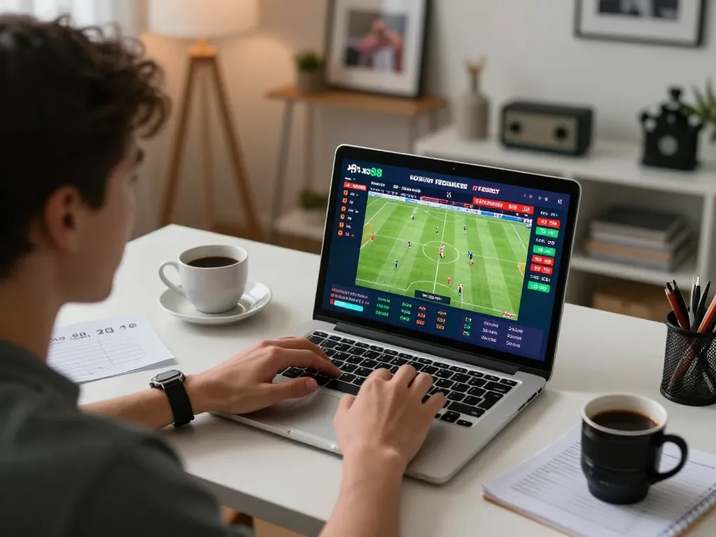 Engaging in live sports betting on xo88, analyzing odds on a laptop during an exciting football match.