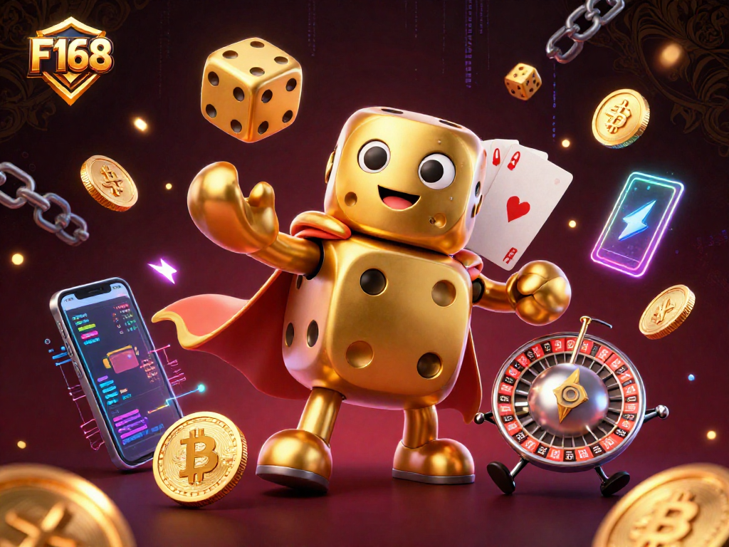 F168 showcases a dynamic 3D illustration of a golden dice golem juggling and interacting with vibrant crypto elements.